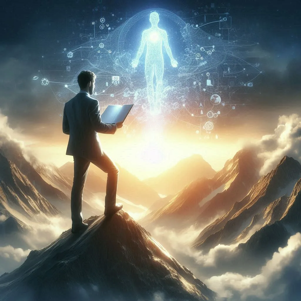 Pessoa no topo de uma montanha segurando um notebook com luz saindo da tela, simbolizando domínio sobre a IA.