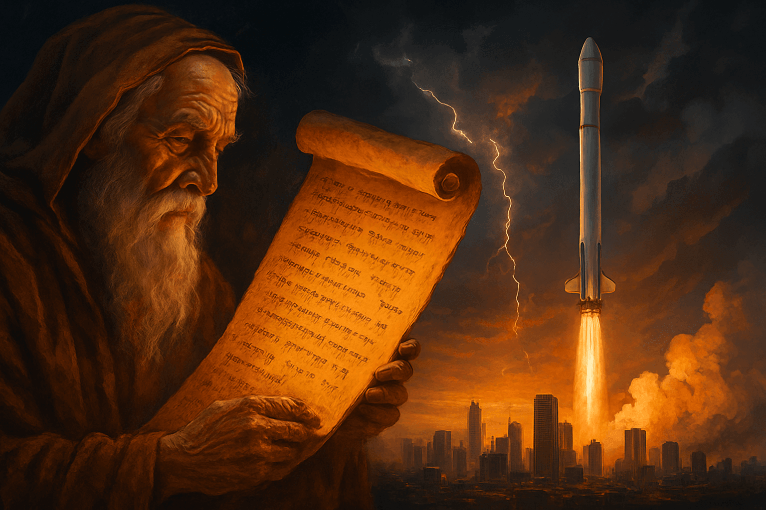Profecias Antigas vs Eventos Atuais: Estaríamos Vivemos o Fim? Profecia e presente colidem: Um pergaminho antigo se fundindo a um horizonte urbano moderno, com raios, foguetes e nuvens dramáticas no céu.