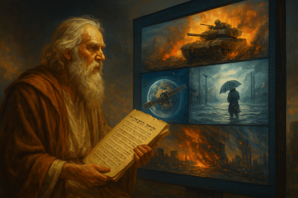 Profecias Antigas vs Eventos Atuais: Estaríamos Vivemos o Fim? Profeta antigo + telão moderno com guerras, clima e tecnologia.