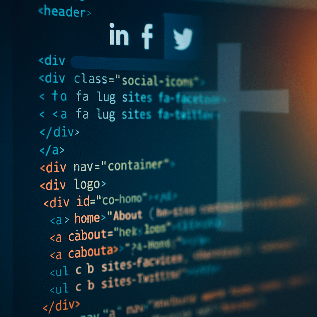 Profecias Antigas vs Eventos Atuais: Estaríamos Vivemos o Fim? Tela de computador exibindo código-fonte e ícones de rede social, com um símbolo religioso semi-transparente ao fundo