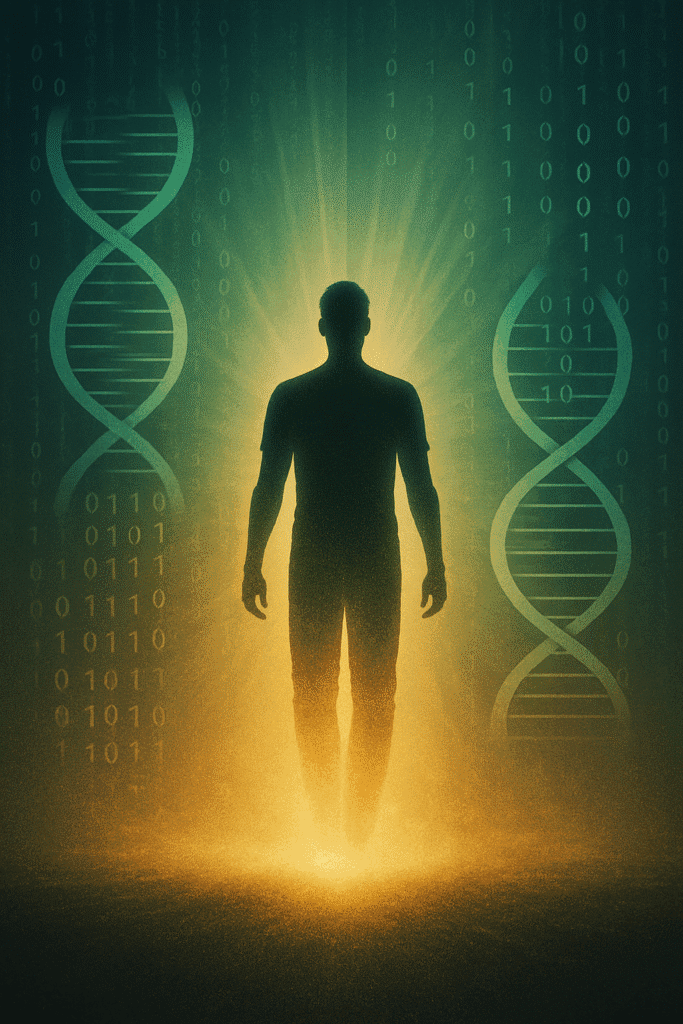 Profecias Antigas vs Eventos Atuais: Estaríamos Vivemos o Fim? Silhueta de uma pessoa emergindo de um brilho radiante, entre símbolos de DNA e códigos binários