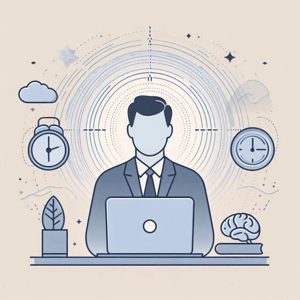 Ilustração de um profissional concentrado diante do laptop, com símbolos representando calma e produtividade equilibrada.