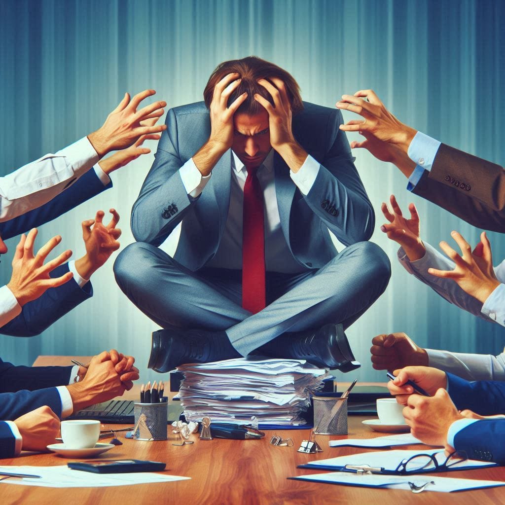 Mindfulness: O Segredo Esquecido para Produtividade sem Esgotamento (e Como Ele Transforma Sua Saúde) Profissional exausto, demonstrando como excesso de trabalho afeta a saúde.