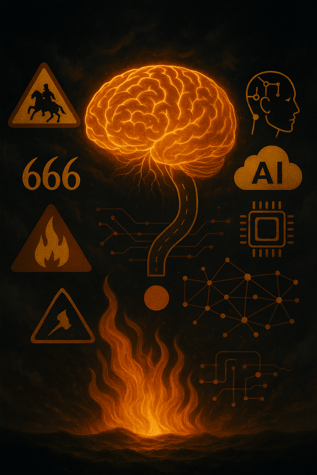 Cérebro artificial brilhante cercado por símbolos do Apocalipse, fogo e redes digitais em um céu tempestuoso, representando o cruzamento entre profecia bíblica e tecnologia moderna.