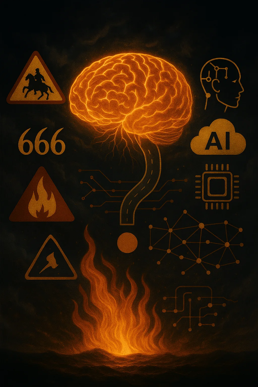 Cérebro artificial brilhante cercado por símbolos do Apocalipse, fogo e redes digitais em um céu tempestuoso, representando o cruzamento entre profecia bíblica e tecnologia moderna.