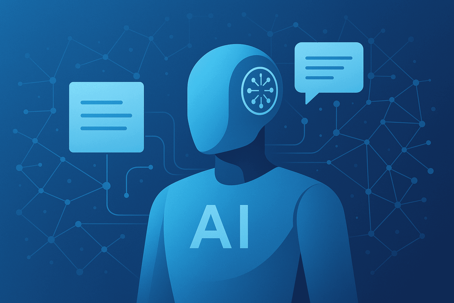 GEO: Uma ilustração moderna representando a evolução da busca por IA. IA sintetizando informações com conexão digital no fundo, cor azul futurista, estética minimalista.