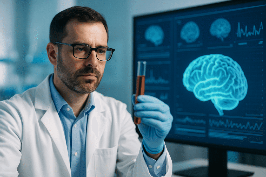 Cientista segurando tubo de ensaio ao lado de tela com gráficos cerebrais