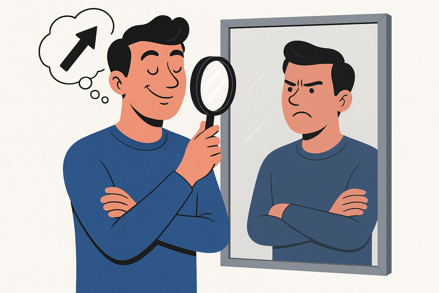 Pessoa com uma lupa olhando para si mesma no espelho, representando autoconfiança inflada e falta de autocrítica.