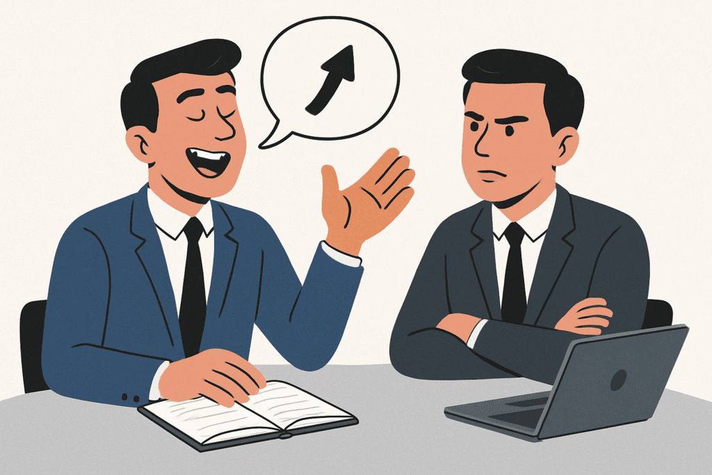 Dois profissionais em reunião — um gesticulando com confiança exagerada, outro calado, observando com cautela.