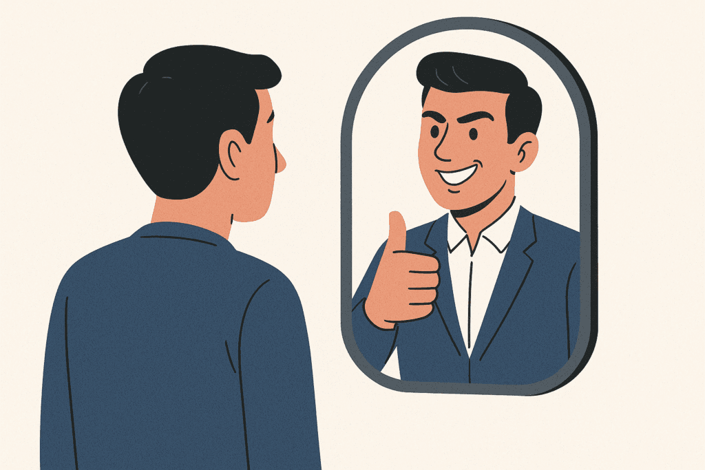 Uma pessoa diante de um espelho que reflete uma versão exageradamente confiante dela mesma.