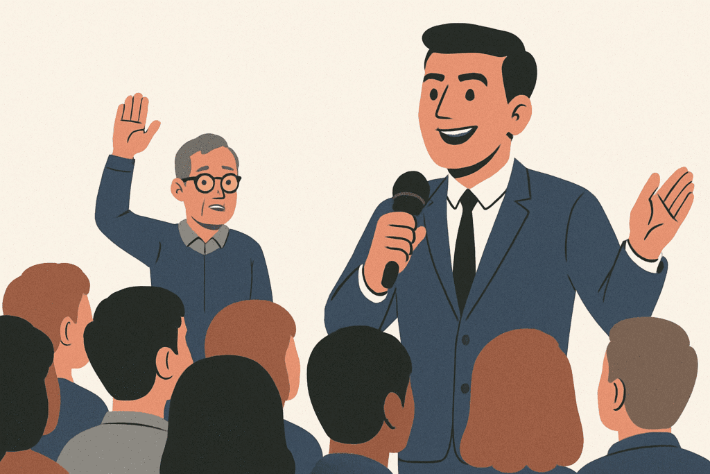 Multidão ouvindo um palestrante confiante de terno, enquanto uma figura mais experiente levanta a mão timidamente ao fundo