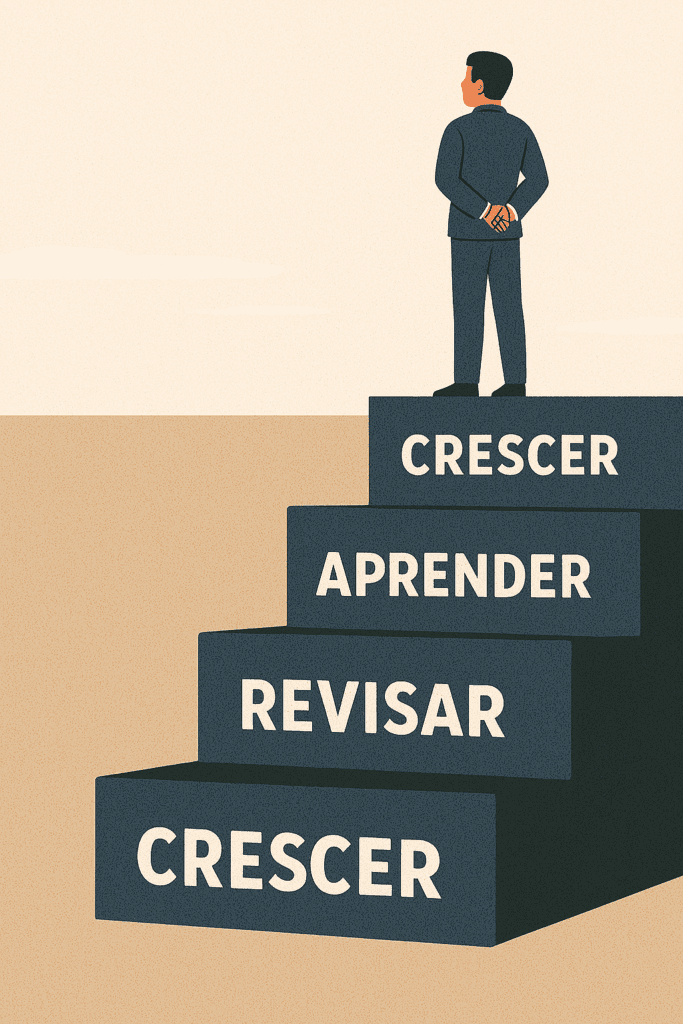 Uma pessoa no topo de uma escada olhando para o horizonte, com degraus abaixo escritos “duvidar”, “aprender”, “revisar”, “crescer”.