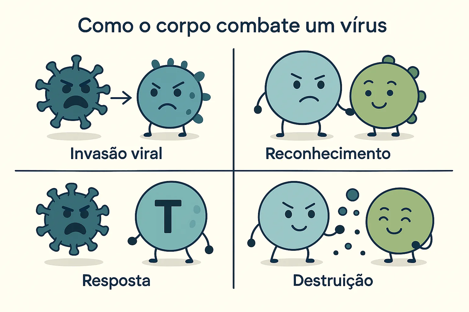 🧬 Como Funciona o Sistema Imunológico? Descubra os Segredos da Defesa Natural do Seu Corpo Ilustração em etapas mostrando como o sistema imunológico reage à presença de um vírus.