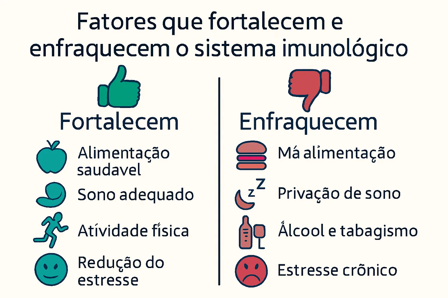 🧬 Como Funciona o Sistema Imunológico? Descubra os Segredos da Defesa Natural do Seu Corpo Gráfico comparativo dos principais fatores que fortalecem e enfraquecem o sistema imunológico.