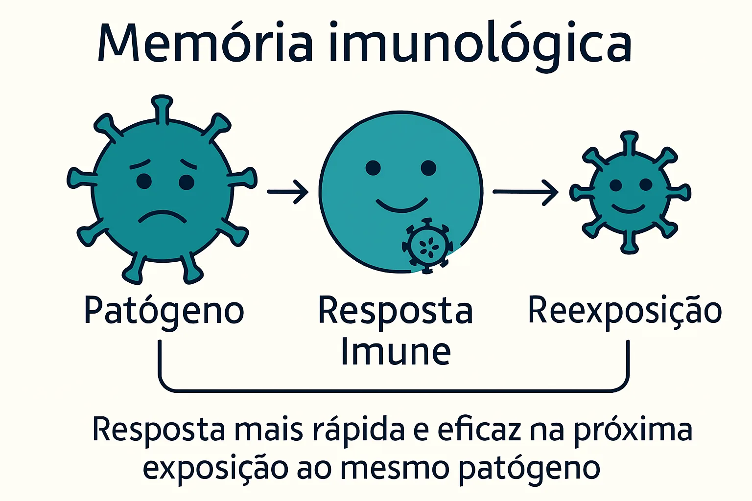🧬 Como Funciona o Sistema Imunológico? Descubra os Segredos da Defesa Natural do Seu Corpo Ilustração comparando a resposta imunológica na primeira e na segunda infecção, explicando a memória imunológica.