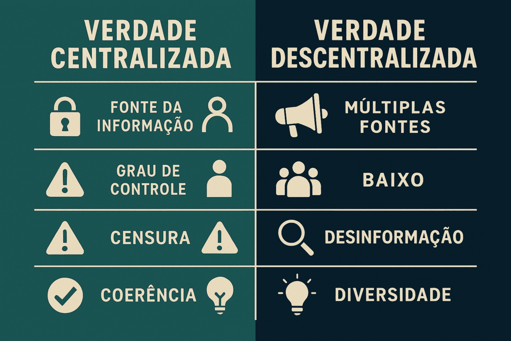 Por que Está Cada Vez Mais Difícil Saber o Que é Verdade? Infográfico: Comparativo entre centralização x descentralização da verdade