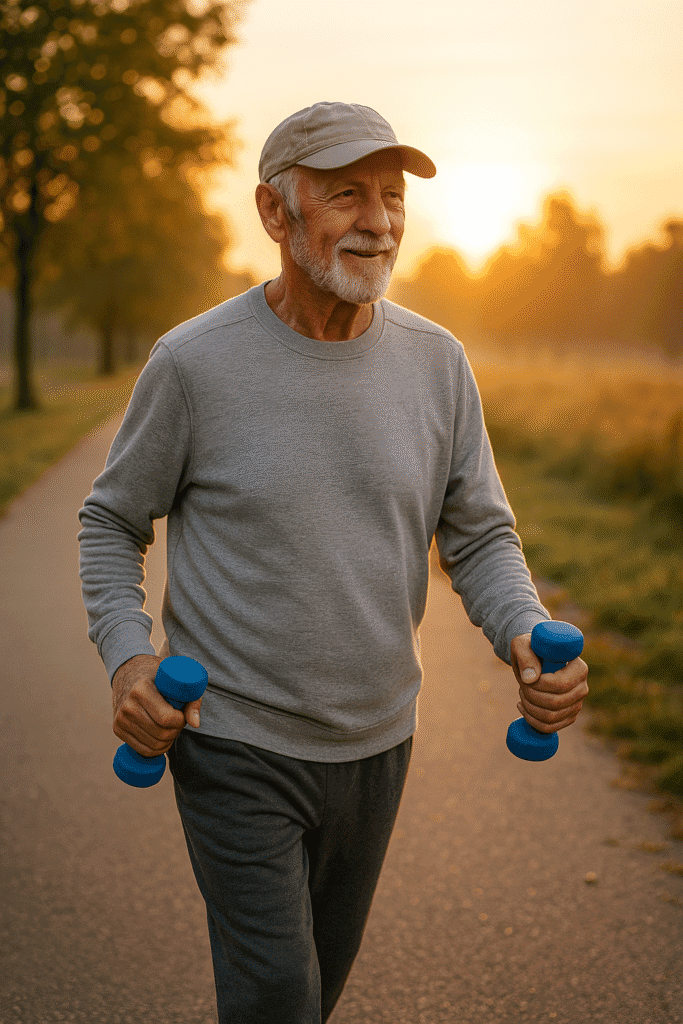 Exercícios Para Sarcopenia Que Realmente Funcionam em Idosos Exercícios Para Sarcopenia: Idoso caminhando com halteres leves ao ar livre, estimulando a resistência muscular de forma leve e eficaz.