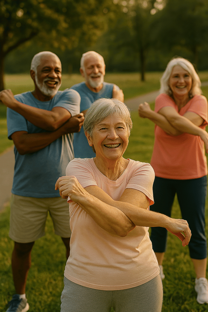 Exercícios Para Sarcopenia Que Realmente Funcionam em Idosos Exercícios Para Sarcopenia: Grupo de idosos praticando tai chi em ambiente externo, promovendo equilíbrio e consciência corporal.