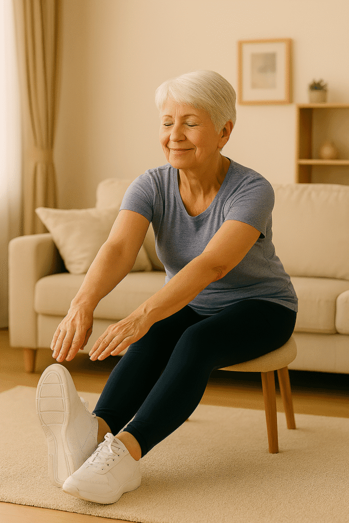 Exercícios Para Sarcopenia Que Realmente Funcionam em Idosos Exercícios Para Sarcopenia: Idosa praticando alongamento sentado, promovendo flexibilidade e liberdade de movimento