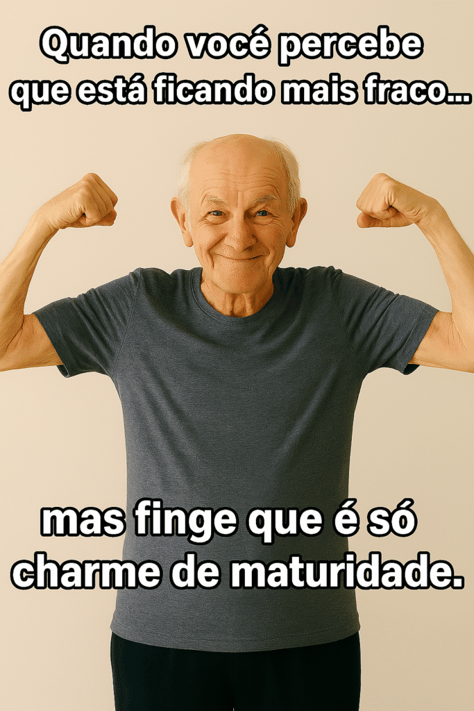 Exercícios Para Sarcopenia Que Realmente Funcionam em Idosos Exercícios Para Sarcopenia: Meme com idoso fazendo pose de força, ironizando o disfarce da perda muscular com bom humor.