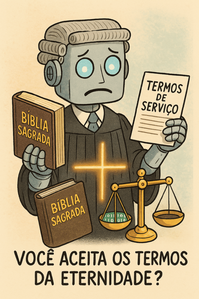 Robô vestindo toga de juiz segura uma balança digital. Em uma mão, uma Bíblia; na outra, um documento de termos de uso. Ele olha confuso. A legenda diz: 'Você aceita os termos da eternidade?