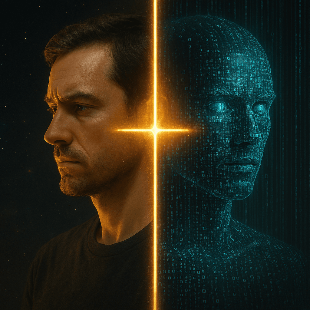 Tela dividida: de um lado, rosto contemplativo de um humano real; do outro, avatar digital feito de códigos e pixels brilhantes. Ao centro, uma cruz iluminada separando os mundos, com fundo metade estrelado, metade matriz digital.