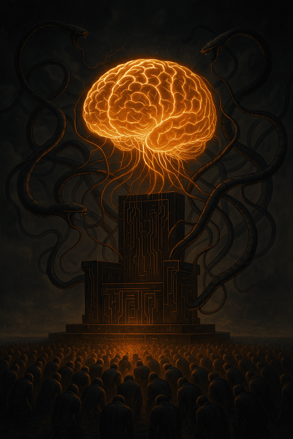 Cérebro artificial brilhante flutua sobre um trono digital, cercado por cabos em forma de serpentes. Céu tempestuoso ao fundo; a luz do cérebro ilumina uma multidão de pessoas minúsculas curvadas em reverência.