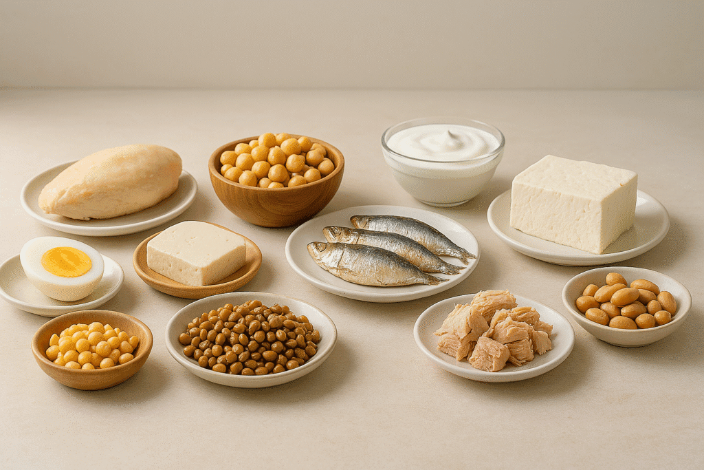 𥩠Top 10 Alimentos Ricos em Proteínas Para Idosos Uma mesa posta com 10 porções pequenas e organizadas de alimentos ricos em proteina