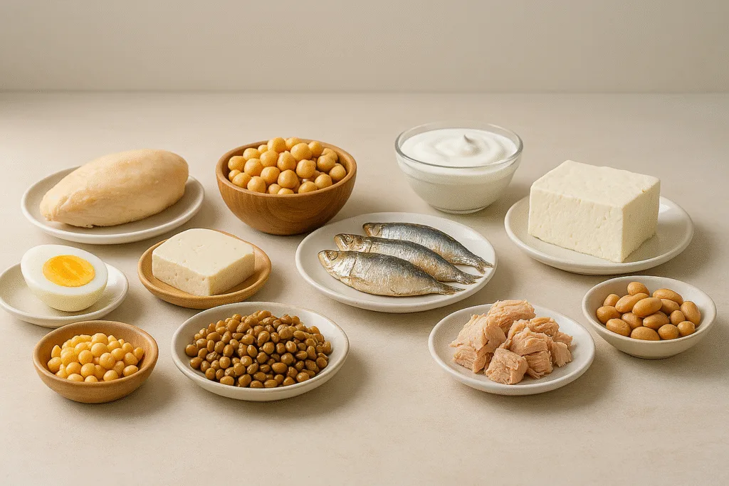 Uma mesa posta com 10 porções pequenas e organizadas de alimentos ricos em proteina