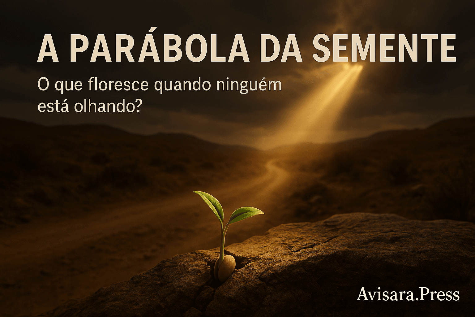 A Semente que Cresce: Fé no Crescimento do Reino Invisível A Parábola da Semente Broto verde emergindo de uma rocha sob um raio de sol, simbolizando crescimento e fé