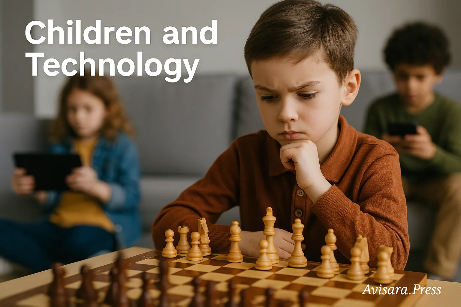 🧠 Xadrez, Cérebro e Era Digital: O Impacto Cognitivo do Jogo em Tempos de Telas e Inteligência Artificial Criança jogando xadrez com foco total enquanto outras crianças ao fundo se distraem com telas