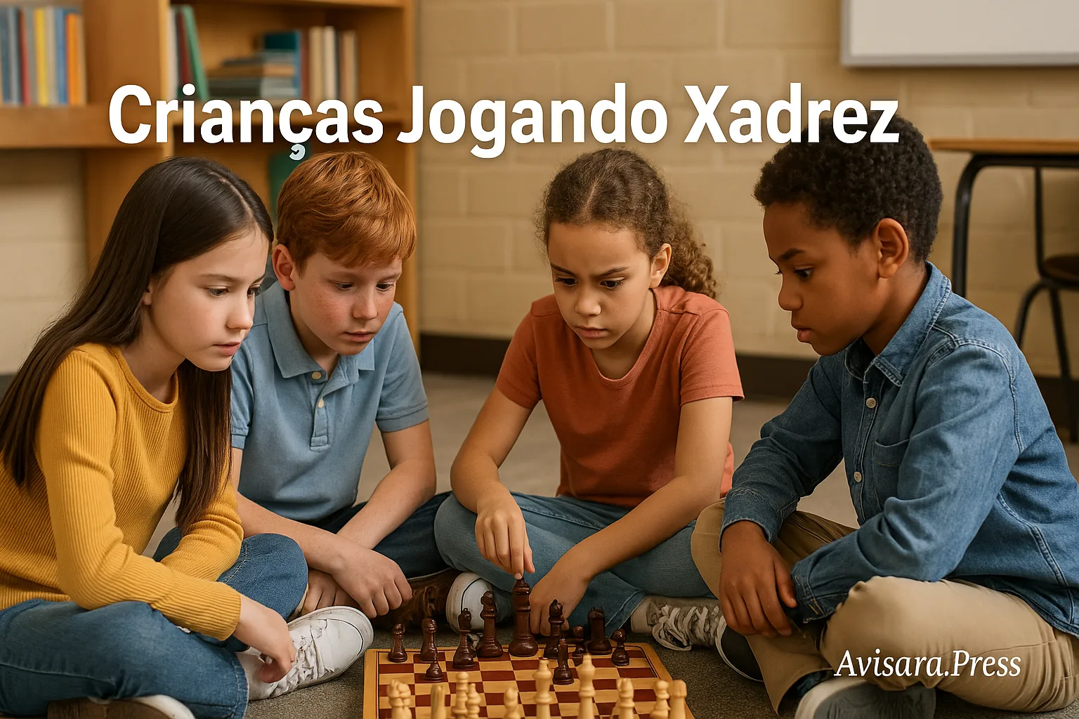 🧠 Xadrez, Cérebro e Era Digital: O Impacto Cognitivo do Jogo em Tempos de Telas e Inteligência Artificial Crianças jogando xadrez em escola com atenção e foco
