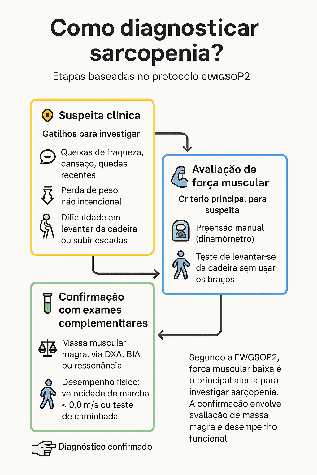 Como Diagnosticar Sarcopenia: Sinais, Sintomas e Exames Como Diagnosticar Sarcopenia: Infográfico protocolo EWGSOP2