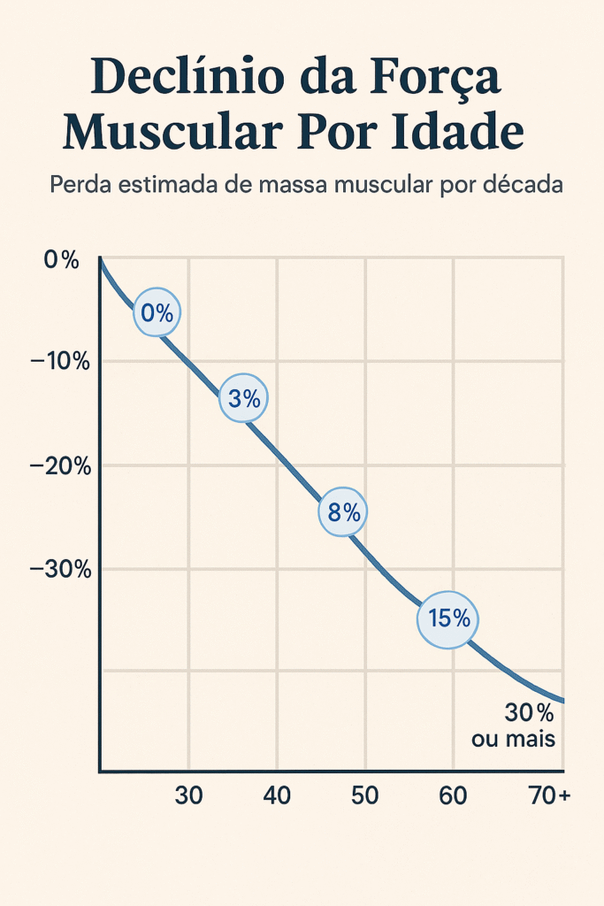 Prevenção da Sarcopenia: O Que Fazer a Partir dos 40? Prevenção da Sarcopenia: Infográfico com curva de perda muscular por idade: 30, 40, 50, 60, 70+