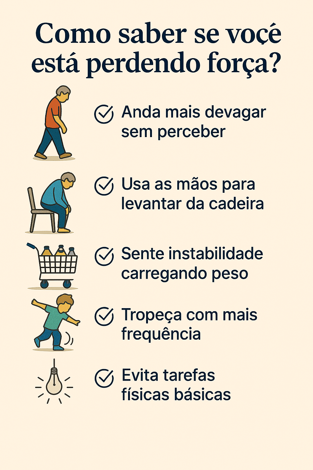 Prevenção da Sarcopenia: O Que Fazer a Partir dos 40? Prevenção da Sarcopenia: Mini-card ilustrado com checklist: sinais precoces de perda de força (andar lento, uso das mãos, tropeços etc.)