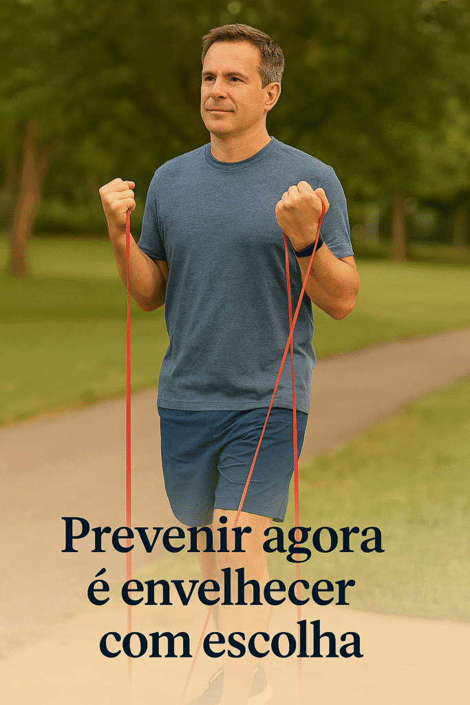 Prevenção da Sarcopenia: O Que Fazer a Partir dos 40? Prevenção da Sarcopenia: Pessoa ativa de meia-idade fazendo caminhada confiante, com texto: Prevenir agora é envelhecer com escolha