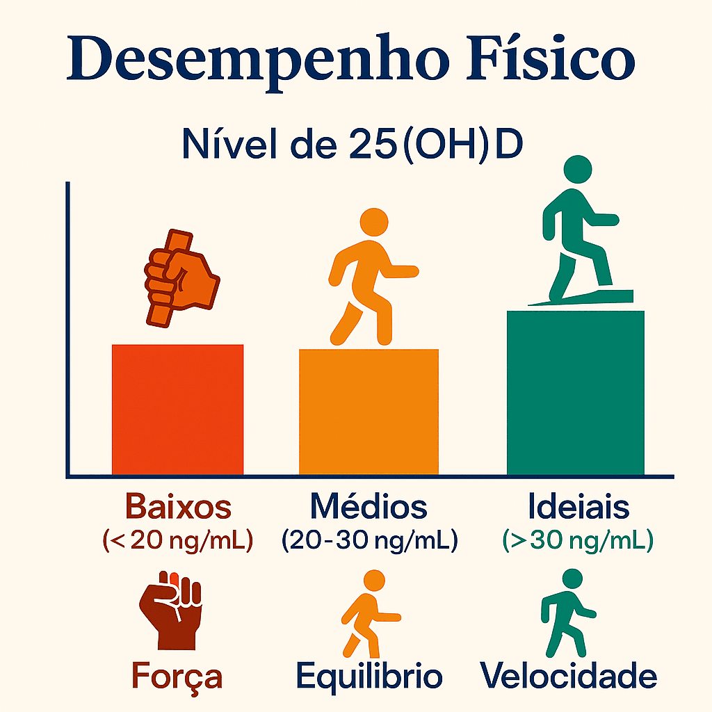 𧬠O Papel da Vitamina D na Sarcopenia: O Que a Ciência Diz Infográfico mostrando 3 grupos (níveis baixos, médios e ideais de vitamina D) com diferenças em força muscular, equilíbrio e velocidade de caminhada