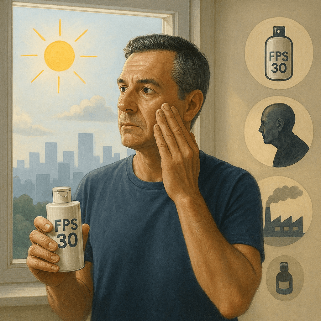 𧬠O Papel da Vitamina D na Sarcopenia: O Que a Ciência Diz Pessoa próxima a uma janela com protetor solar, sol forte do lado de fora, mas ambiente interno sombreado. Ícones visuais mostram FPS alto, idade avançada e poluição urbana