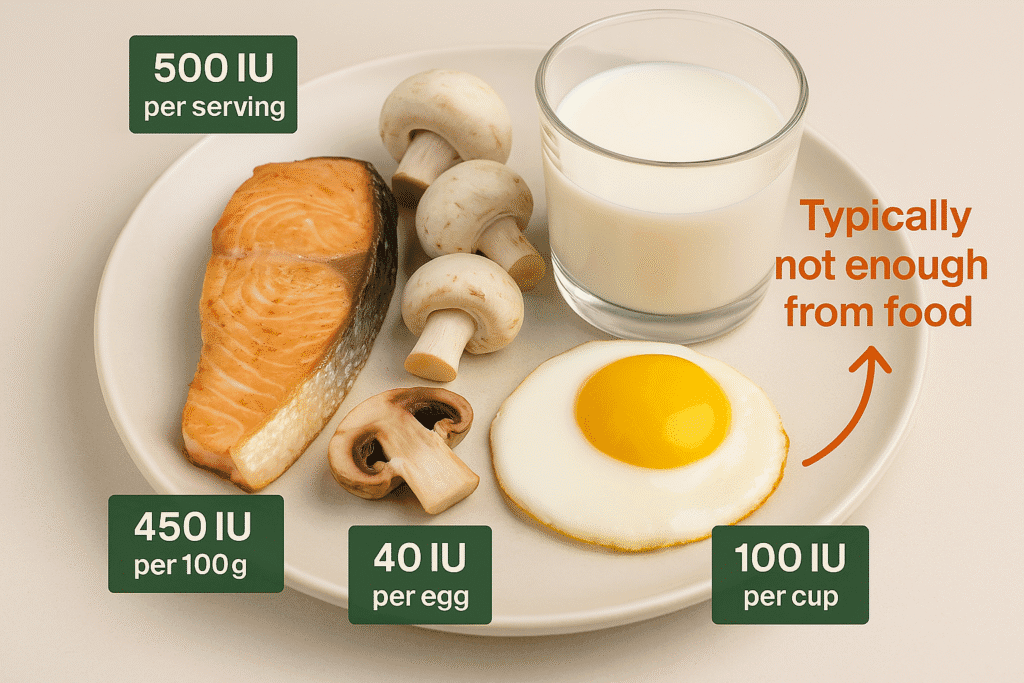 𧬠O Papel da Vitamina D na Sarcopenia: O Que a Ciência Diz Prato com alimentos ricos em vitamina D