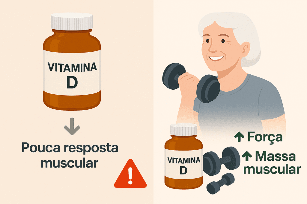 𧬠O Papel da Vitamina D na Sarcopenia: O Que a Ciência Diz Comparação visual entre suplementação isolada de vitamina D e sua combinação com exercício de resistência. Destaque para os ganhos musculares apenas quando ambos estão presentes.