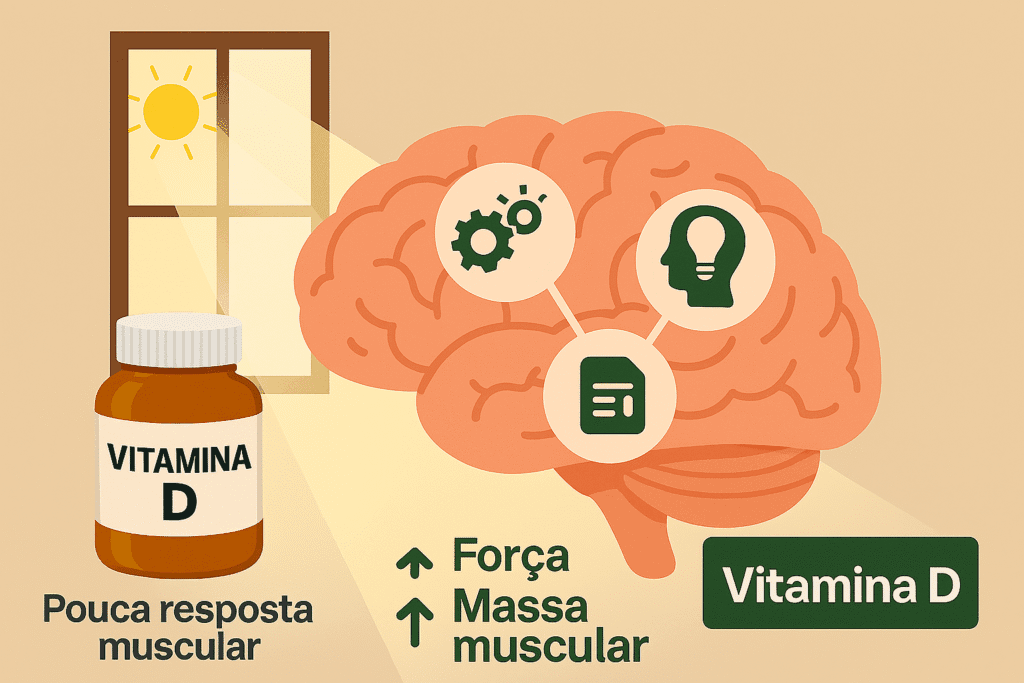 𧬠O Papel da Vitamina D na Sarcopenia: O Que a Ciência Diz Ilustração conceitual de um cérebro humano sob ação da luz solar. Ícones de funções cognitivas conectam vitamina D ao desempenho mental.