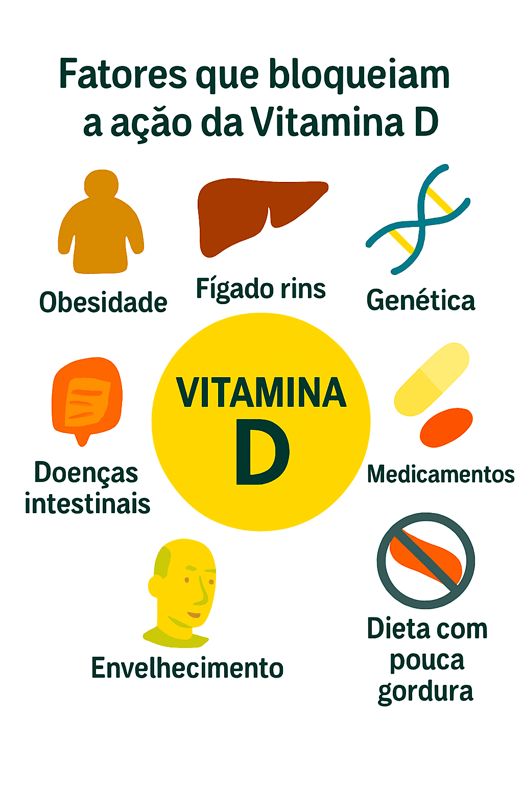 𧬠O Papel da Vitamina D na Sarcopenia: O Que a Ciência Diz Infográfico: Fatores que bloqueíam a ação da Vitamina D