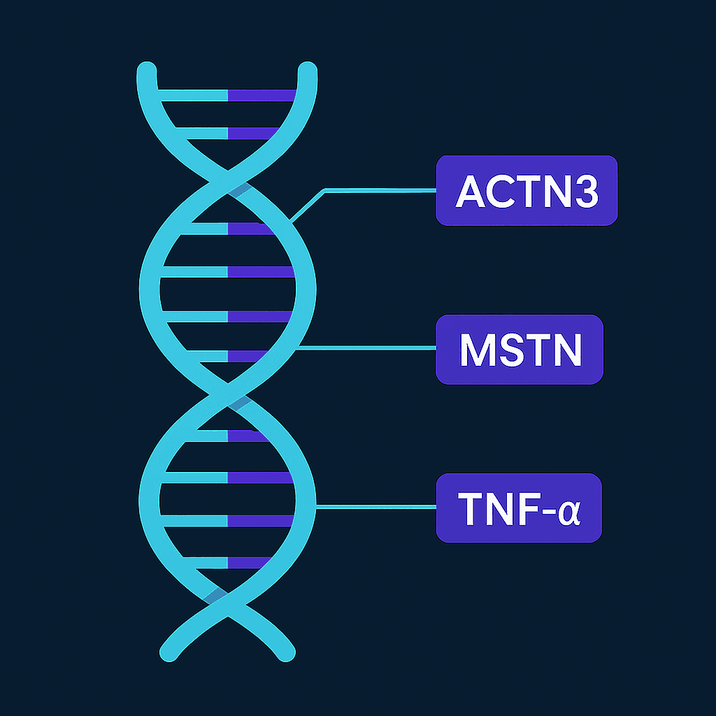 Como IA e Genética Ajudam na Prevenção da Sarcopenia Representação da estrutura de DNA com destaque visual para os genes ACTN3, MSTN e TNF-α, associados à força muscular e inflamação