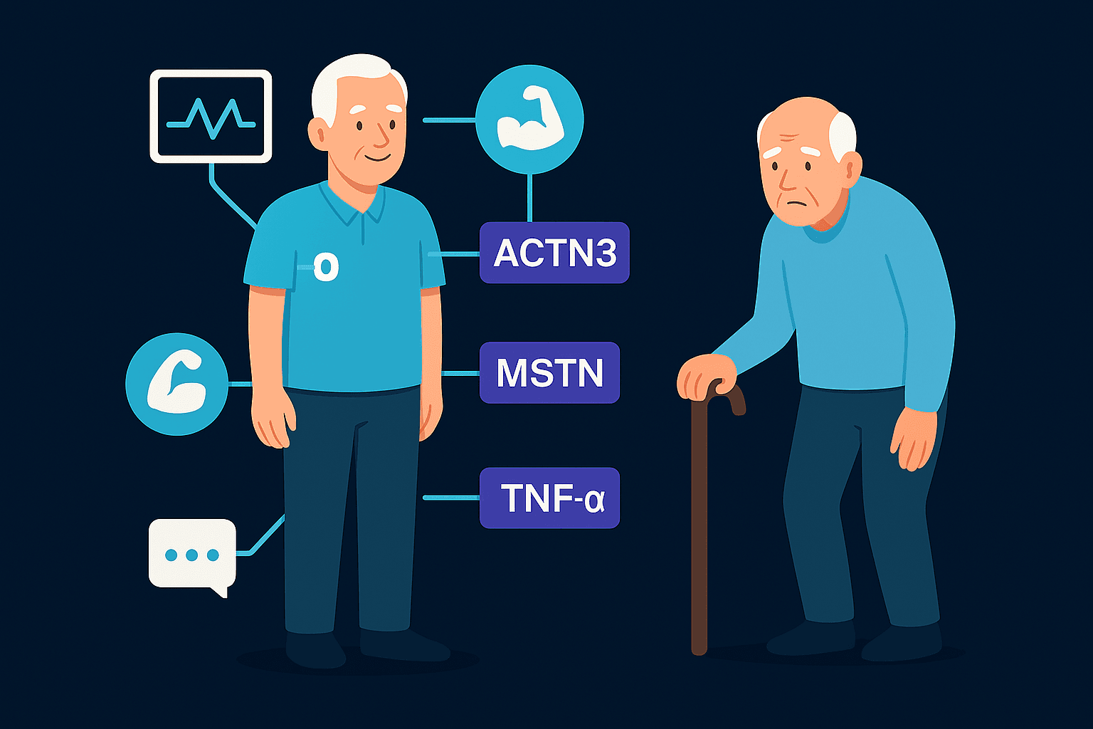 Como IA e Genética Ajudam na Prevenção da Sarcopenia Ilustração comparativa de dois idosos: um conectado a sensores com dados visíveis, outro isolado sem acesso à tecnologia, representando a desigualdade informacional muscular
