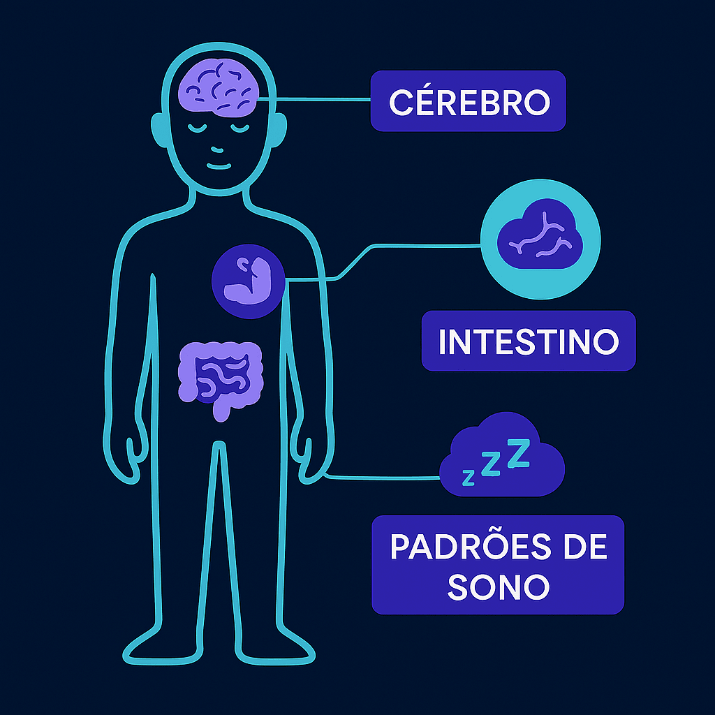 Como IA e Genética Ajudam na Prevenção da Sarcopenia Ilustração de corpo humano destacando cérebro, intestino e padrões de sono como fatores ocultos que influenciam a sarcopenia silenciosa