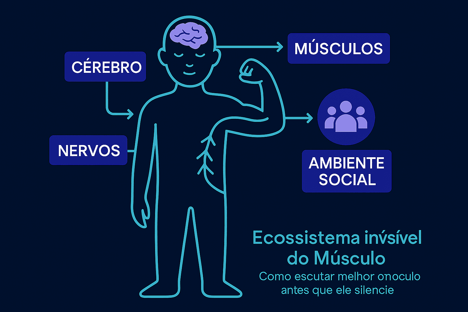 Como IA e Genética Ajudam na Prevenção da Sarcopenia Corpo humano com conexões visuais entre cérebro, sistema nervoso, músculos e ambiente social, representando o ecossistema invisível que influencia a força muscular