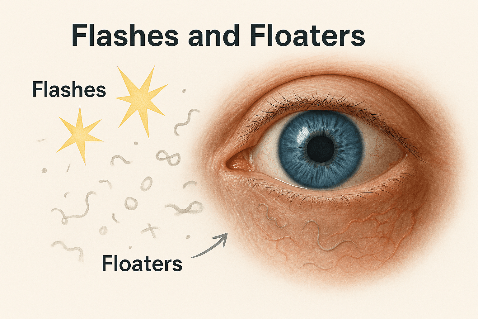 olho humano com flashes luminosos e moscas volantes visíveis no campo visual.