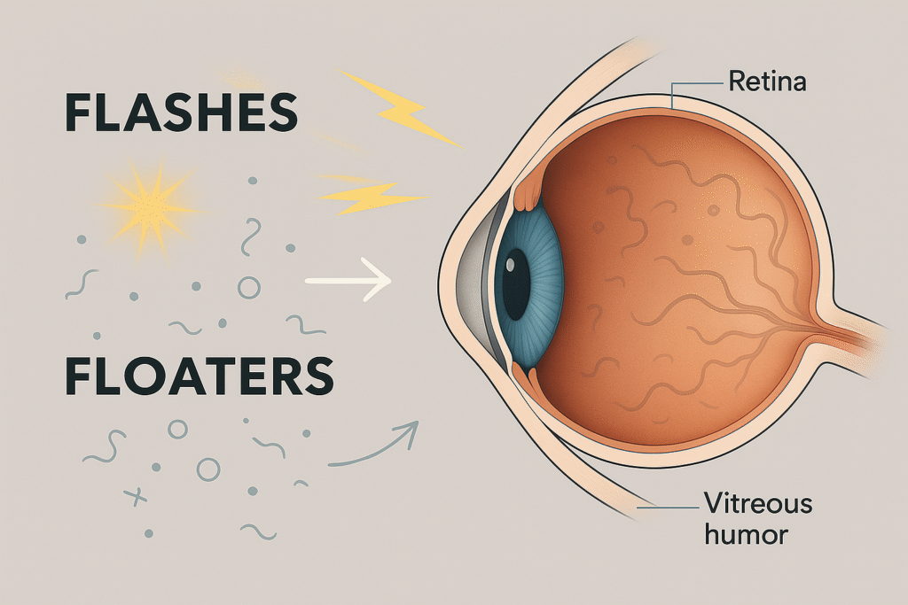 Olho humano com flashes luminosos (raios curtos de luz) na periferia e moscas volantes (pontos e filamentos escuros) flutuando no campo visual.