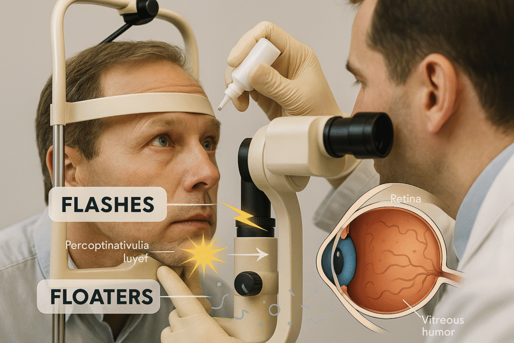 Paciente recebendo colírio dilatador durante exame oftalmológico, com profissional aplicando o colírio e equipamento visível.