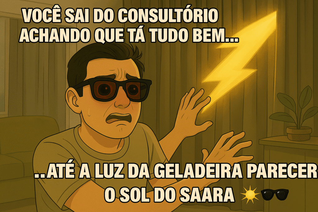 Meme: Pessoa com olhos dilatados e vermelhos usando óculos escuros dentro de casa após exame oftalmológico.